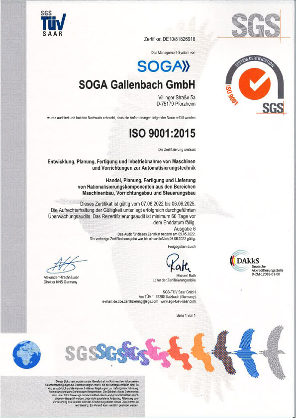 SOGA Zertifikat ISO 9001:2015